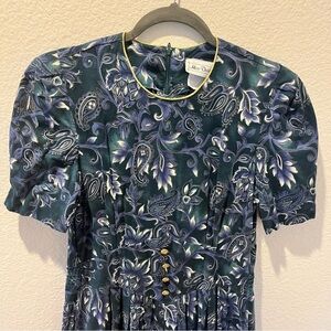 Vintage Blue Paisley Floral Dress Gold Button Detail Puff Sleeve